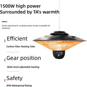 Chauffage infrarouge électrique de plafond 1500W pour usage extérieur, tube halogène, télécommande ou commande par cordon, couleur noir ou rouge - Product Image 2