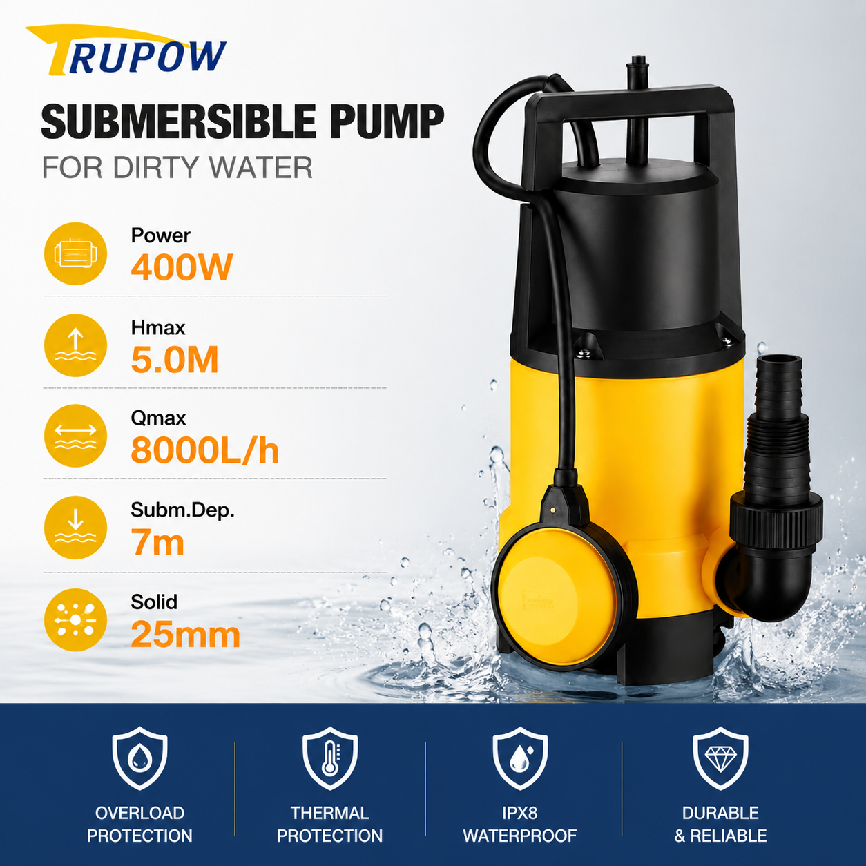 400W 8000L/h Cheap Price Portable Electric Garden Clean Dirty Water Pumps Submersible Drain Dirty Water Pump with Floater · image 8