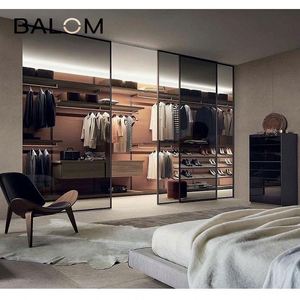 Balom <b>Wooden</b> Double Door Glass Wardrobe with Pants Rack and Closet Organizer for Bedroom Walk-in Wall Design - Product Image 6