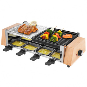 Appareil à <span class=keywords><strong>raclette</strong></span> électrique domestique en bambou 1200W avec 8 poêles à griller, demi-plaque antiadhésive, demi-plaque en pierre - Product Image 1