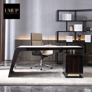 Scrivania Multifunzione di Design Italiano di Lusso in <span class=keywords><strong>Pelle</strong></span> con Superficie in PU, Due Cassetti, Nero Lucido - Product Image 1