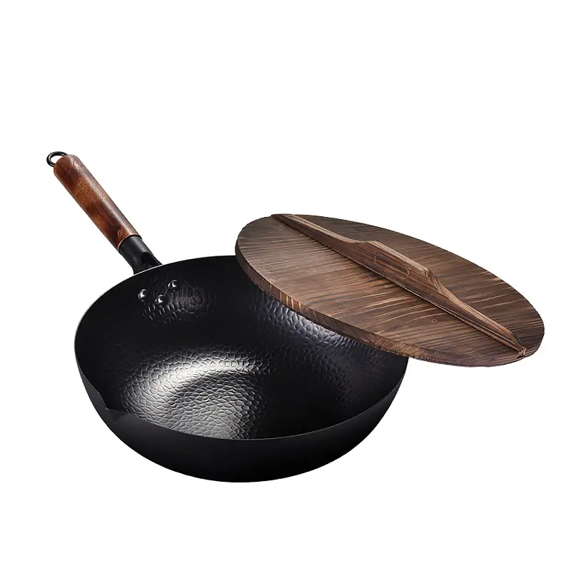 Wok chinois forgé antiadhésif avec manche en bois, 32cm, ustensile de cuisine à Induction