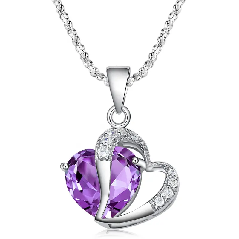 Bán Buôn Tùy Chỉnh Birthstone Tự Nhiên Pha Lê Vòng Cổ Trang Sức 925 Sterling Silver Big Love Heart Amethyst Mặt Dây Chuyền Vòng Cổ