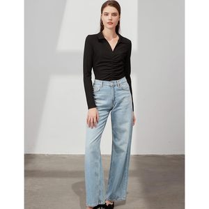 Body de manga larga para mujer con cuello en V, acanalado, con cuello tipo camisa, fruncido, elástico, de punto, para uso casual - Product Image 6