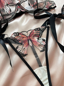 Wholesale Butterfly Embroidery Lace Lingerie Set Sheer Mesh Underwire <b>Bra</b> and Tie <b>Straps</b> Thong Panties Set Sexy Womens Intimates - Product Image 6