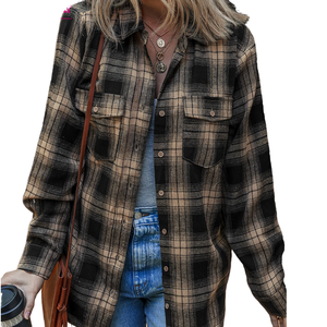 Women's Vintage Sweet Style Knitted Cotton Blouses Casual Floral Plaid Long-Sleeve Shirt <b>Turn</b>-Down Collar Button Decoration - Product Image 1