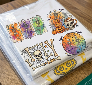 Calcomanía de silicona plastisol de calavera colorida con diseño de esqueleto bailarín de grafiti neón personalizado, tipo sombrero de copa, lista para prensa de transferencia térmica - Product Image 2