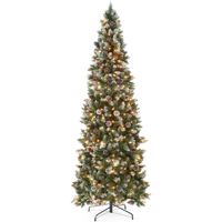 Sapin de Noël artificiel amincissant de 1,80 m de haut, pré-éclairé blanc chaud, 250 lumières LED, semi-flocé, design fin, aspect pin