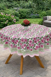 Nappe ronde en coton imprimée à la main avec motifs floraux roses – Housse élégante pour table de jardin et de salle à manger - Product Image 6