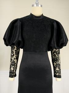 OUDINA-vestido de noche largo de encaje negro, mangas abombadas, Vintage, elegante, para fiesta y graduación - Product Image 4