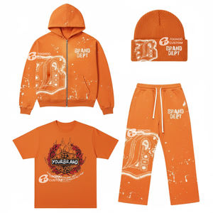 Bán Buôn Tùy Chỉnh Thêu Vá Biểu Tượng Zip up Áo Và Bộ Ngắn Bông Pháp Terry 2 Mảnh Trang Phục Hoodies Và Jogger Bộ - Product Image 1