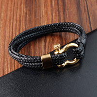 Fermoir Fer à Cheval en Acier Inoxydable Bracelet en Cuir Véritable Tissé à Double Couche Bracelet en Cuir Noir Tressé pour Homme