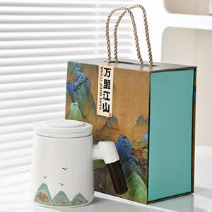 New Chinese Style <b>Ceramic</b> Mug With Lid And Handle Dehua Hand Painted Landscape Design Business Gift Office Tea <b>Cup</b> Set - Product Image 1