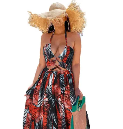 Flora Print Plus Sizes Dress Bohemian Beach Wear Sexy Hollow Out Backless Split Long Dress For Women
