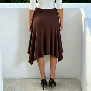 Jupe asymétrique vintage marron à cordon de serrage taille basse pour femme, style mode urbain et décontracté - Product Image 6