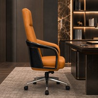Silla de Oficina Giratoria de Lujo, Cuero Naranja, Estructura de Fibra de Carbono Azul, Reposabrazos Fijos, Respaldo Alto, Personalizable OEM ODM, Venta al Por Mayor