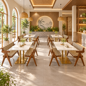 Panca e sedie con struttura a A in legno scuro e cuscini intrecciati, tavolo da pranzo per ristorante con piano in marmo bianco e piedistallo dorato per caffè e bistrot - Product Image 6