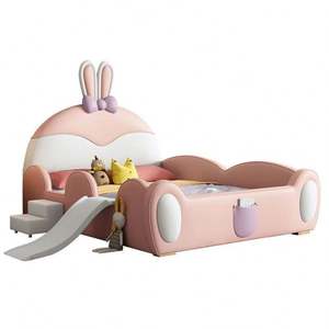 Pink Cartoon <b>Rabbit</b> Princess Slide <b>Bed</b> Solid Wood Frame Cotton Upholstery Guardrail Fun Slide Kids Bedroom - Product Image 6
