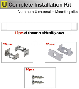 Profilé en aluminium en forme de U pour bandes LED, 3,3 pieds et 6,6 pieds, avec diffuseurs et clips de fixation - Product Image 3