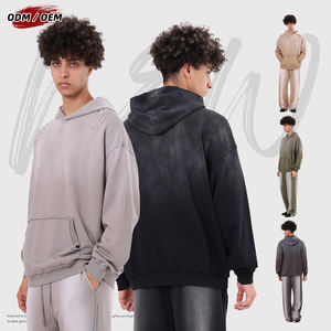 Sudadera con capucha estilo americano de algodón puro, holgada, con efecto desgastado, lavado batik y degradado. - Product Image 1