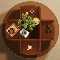 Table basse ronde en verre trempé de 31.5 pouces de largeur avec cadre en Mdf et quatre étagères pratiques