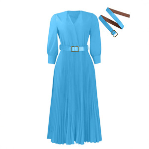 Vestido de estilo europeo y americano para mujer, cuello en V, manga tres cuartos, línea A, con cinturón, falda larga plisada, verde, azul real, tallas S, M, L, XL - Product Image 4