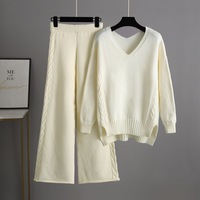 Ensemble deux pièces pour femmes, pull en tricot décontracté et pantalon large, respirant, pour l'hiver, coupe ample, motif uni, nylon/coton, col en V