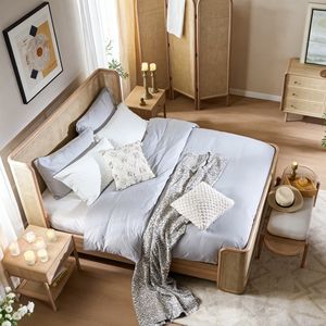 <span class=keywords><strong>Lit</strong></span> mural en bois massif et rotin tressé sculpté à la main, style moderne bio, taille King/Queen, pour chambre à coucher, maison, hôtel - Product Image 3