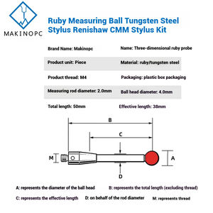 Stylet de sonde Renishaw A-5003-4799 de remplacement M4 Ruby mesurant 4mm Stylet en acier tungstène Longueur 50mm Kit de stylet CMM - Product Image 3