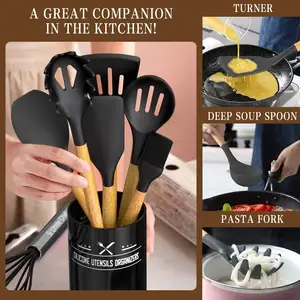 33pcs Non-Stick Silicone Cooking Kitchen Utensils Spatula Set With Holder Wooden Handle Silicone Kitchen Gadgets