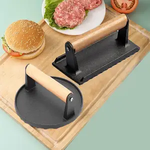 Fabriek Direct Custom Size Ronde Non-Stick Gietijzeren Vlees/Burger/Spek Grill Pers Met Houten Handvat