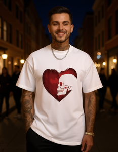 T-Shirt Unisex con Motivo Cuore e Teschio, in Morbido Cotone, Vestibilità Comoda, Manica Corta, Stampa Casual, Collo Tondo, Lunghezza Regolare, Tessuto Jersey - Product Image 2