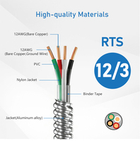Cable JZD UL1569 de Calibre 12, 600V, Cobre Sólido Revestido de Metal, con Cable de Tierra de Cobre Desnudo, Cable MC de Calibre 12