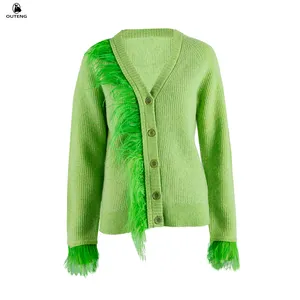 เสื้อสเวตเตอร์ถักมีกระดุมชุดขนนกสีเขียวคาร์ดิแกนถัก100% ดีไซน์ใหม่