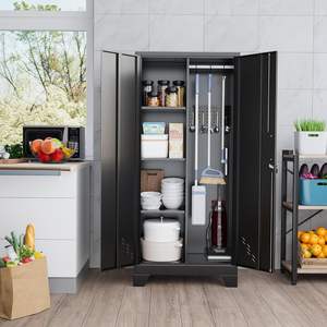 Gabinete de almacenamiento de metal, herramienta de limpieza, gabinete de 2 puertas con barra colgante, escoba, fregona, gabinete de herramientas con cerradura - Product Image 5