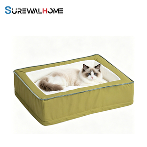 SUREWALHOME Lit pour chien imperméable rectangulaire, lit chauffant pour animaux de compagnie, canapé orthopédique avec support en mousse d'œuf, lit pour <span class=keywords><strong>chat</strong></span>, tissu en cuir durable - Product Image 1