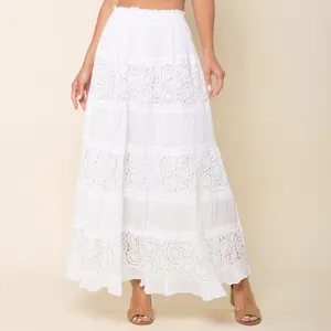 المرأة مخصص أزياء الصيف 100% القطن طويل الأبيض التطريز ماكسي تنورة إمرأة التنانير