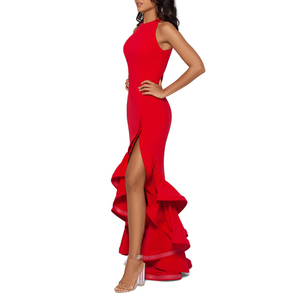 Üretici özel zarif resmi ziyafet yuvarlak boyun kolsuz düzensiz Ruffles Hem yarık kırmızı ziyafet kadınlar abiye - Product Image 2