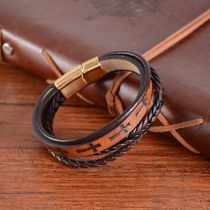 Men's Handmade Woven Cross <b>Leather</b> <b>Bracelet</b> Zinc Alloy Magnetic Clasp Brown 7.5in 8.5in 9in Gift Jewelry - Product Image 2