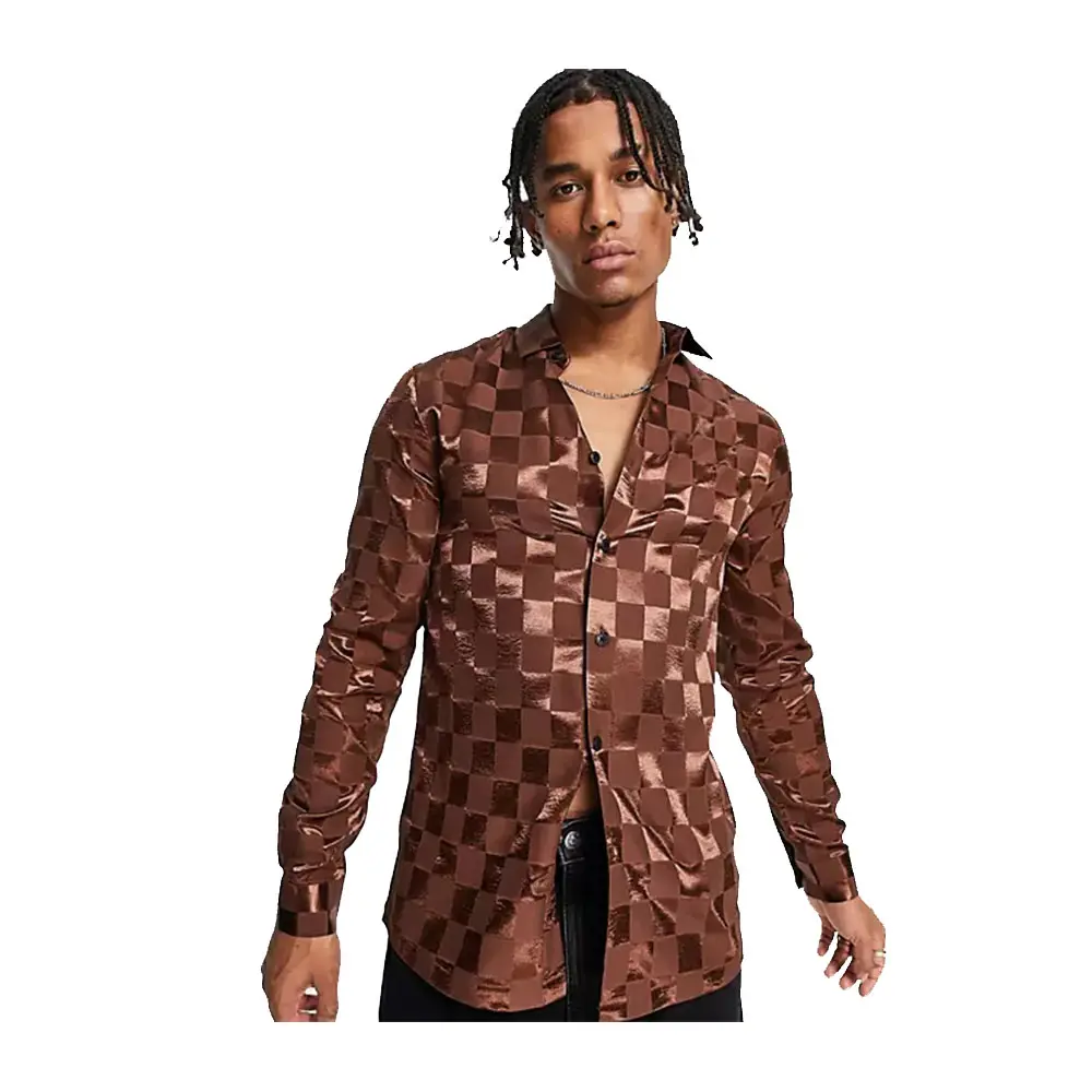 KY Spread Collar Mens Button Down Shirt Checkerboard Satin Jacquard Regular Long Sleeve Polyester Shirts for Men