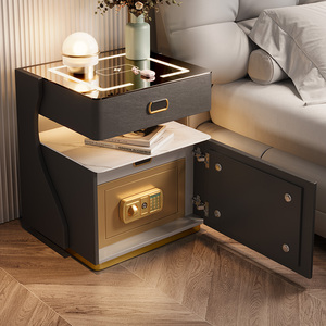 Mesita de Noche Inteligente Moderna con Caja Fuerte, Carga Inalámbrica, Cerradura de Huella Digital, Bluetooth, Madera, LED, para <span class=keywords><strong>Dormitorio</strong></span> - Product Image 4