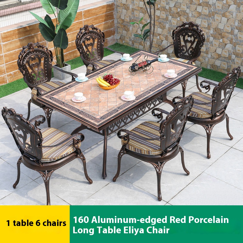 6 chaises eliya 1 table longue en porcelaine rouge aluminium 160cm