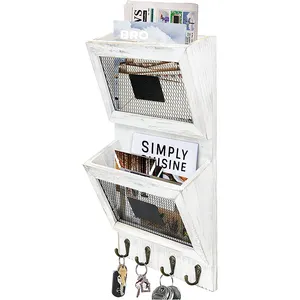 Rustic Wooden Mail Rack Wall-Mounted 4 Key Hooks Wooden Mail Sorting Rack Storage Box 2 Slot Mail And Key Rack For Wall And Rust