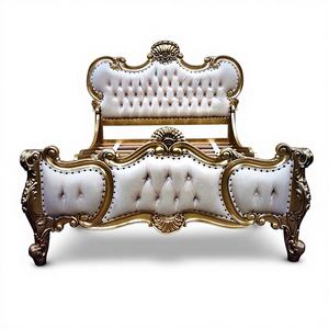 Lit en bois capitonné de luxe avec gravures classiques, meubles de chambre à coucher de style antique - Product Image 1