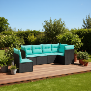 Set di divani da esterno per patio, 6 pezzi, in polyrattan nero con cuscini, mobili da giardino - Product Image 2