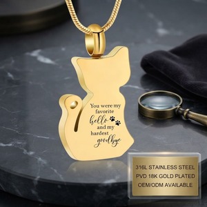Collana Urna Commemorativa per Gatti in Acciaio Inossidabile 316L Placcato Oro 18K PVD per Ceneri - "Il Saluto Preferito, Il Addio Più Difficile" - Ricordo OEM/ODM - Product Image 1