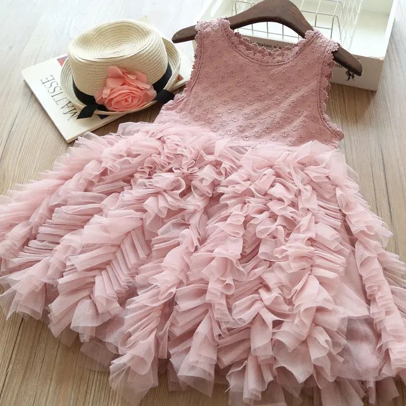 Moda çin dantel giysi kumaşı yapma kabarık Spandex kolsuz elbiseler pamuk ile yaz aylarında bebek kızlar için
