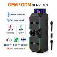 Altavoz Portátil Dual de 12 Pulgadas con Bluetooth, 120W, Luz RGB con Efecto de Llama, Altavoz Karaoke TWS con 2 Micrófonos Inalámbricos, Control Remoto y Ruedas