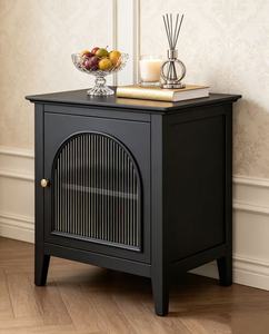 Modern Black Solid Wood Nightstand,Arched Fluted Glass Door Brass Knob Tapered Leg Bedside Cabinet for Bedroom <b>Night</b> <b>Stand</b> - Product Image 5