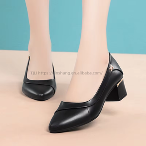 Factory Wholesale Black Leather Pumps - Gem <b>Decor</b> Pointed Toe Block Heel Office Daily Women's <b>Shoes</b> - Product Image 4